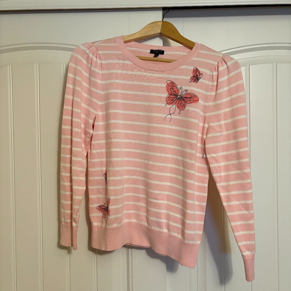 Talbots Butterfly Graphic Sweater Pink Striped MP Medium Petite Cotton Rayon